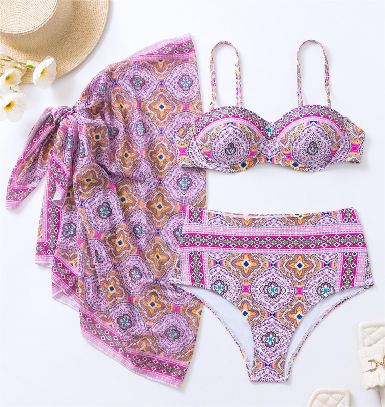 Ženski bikini set od tri komada s etničkim uzorkom, od poliester/spandeksa (82%/18%), brzo sušenje, gradientne boje, seksi i čvrst, s čeličnim umetkom i jastučićima za grudi