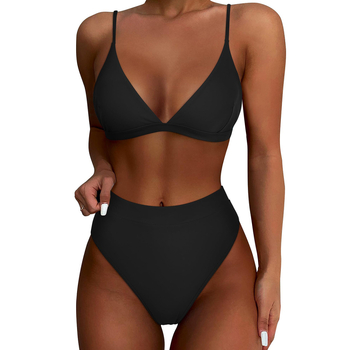 Dvije-dijelni bikini s podstavljenim stražnjim trokutastim gornjim dijelom bez naramenica i visokim strukom donjeg dijela; najlon tkanina (82% najlon, 160 g)