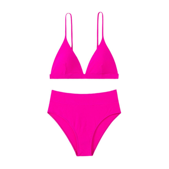Dvije-dijelni bikini s podstavljenim stražnjim trokutastim gornjim dijelom bez naramenica i visokim strukom donjeg dijela; najlon tkanina (82% najlon, 160 g)