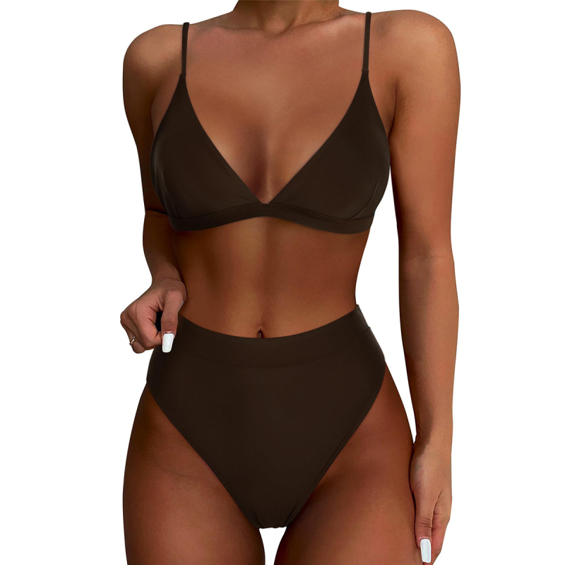 Dvije-dijelni bikini s podstavljenim stražnjim trokutastim gornjim dijelom bez naramenica i visokim strukom donjeg dijela; najlon tkanina (82% najlon, 160 g)