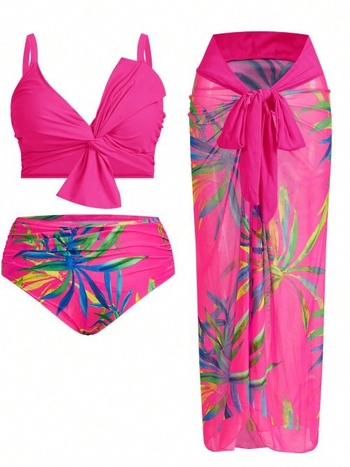 Τριών μερών σετ μαγιό με φλοράλ εκτύπωση, ευρω-αμερικάνικου στυλ, με επενδυμένο πάνω μέρος, αντηλιακή προστασία, υψηλή ελαστικότητα· Πολυεστέρας 82%, Επένδυση 82%