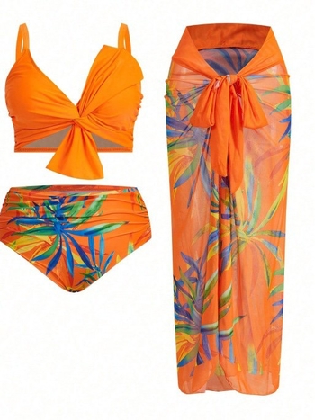 Τριών μερών σετ μαγιό με φλοράλ εκτύπωση, ευρω-αμερικάνικου στυλ, με επενδυμένο πάνω μέρος, αντηλιακή προστασία, υψηλή ελαστικότητα· Πολυεστέρας 82%, Επένδυση 82%
