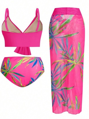 Τριών μερών σετ μαγιό με φλοράλ εκτύπωση, ευρω-αμερικάνικου στυλ, με επενδυμένο πάνω μέρος, αντηλιακή προστασία, υψηλή ελαστικότητα· Πολυεστέρας 82%, Επένδυση 82%
