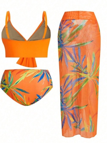 Τριών μερών σετ μαγιό με φλοράλ εκτύπωση, ευρω-αμερικάνικου στυλ, με επενδυμένο πάνω μέρος, αντηλιακή προστασία, υψηλή ελαστικότητα· Πολυεστέρας 82%, Επένδυση 82%