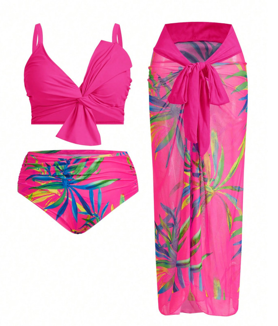 Τριών μερών σετ μαγιό με φλοράλ εκτύπωση, ευρω-αμερικάνικου στυλ, με επενδυμένο πάνω μέρος, αντηλιακή προστασία, υψηλή ελαστικότητα· Πολυεστέρας 82%, Επένδυση 82%
