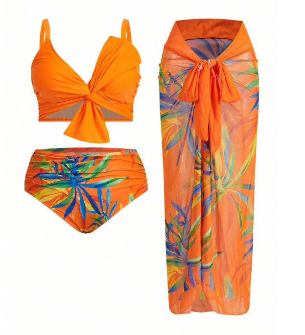 Τριών μερών σετ μαγιό με φλοράλ εκτύπωση, ευρω-αμερικάνικου στυλ, με επενδυμένο πάνω μέρος, αντηλιακή προστασία, υψηλή ελαστικότητα· Πολυεστέρας 82%, Επένδυση 82%