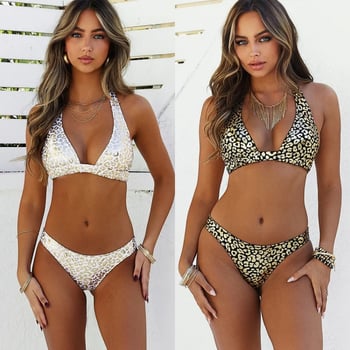 Ženski dvodijelni bikini s leopard uzorkom, leđa bez naramenica, poliester brzo suši, čelična potpora, bez jastučića, 130 g/m²