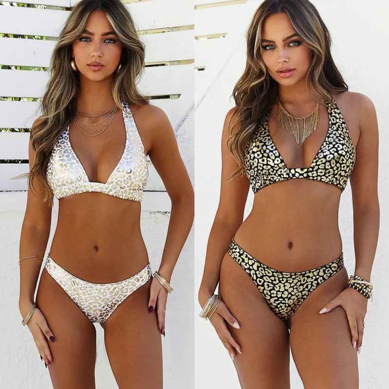 Ženski dvodijelni bikini s leopard uzorkom, leđa bez naramenica, poliester brzo suši, čelična potpora, bez jastučića, 130 g/m²
