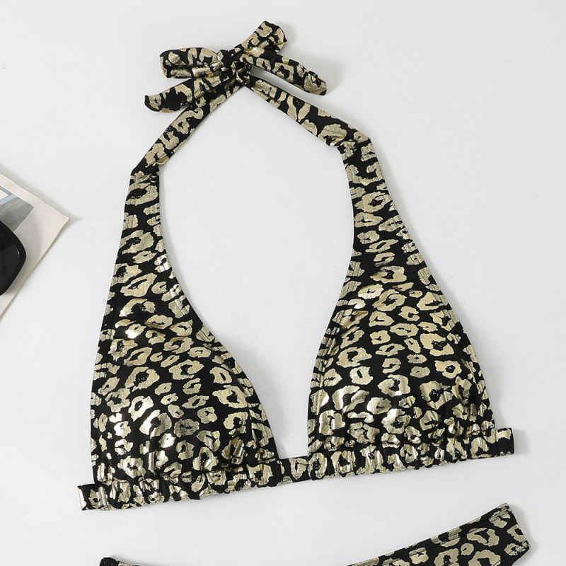 Ženski dvodijelni bikini s leopard uzorkom, leđa bez naramenica, poliester brzo suši, čelična potpora, bez jastučića, 130 g/m²