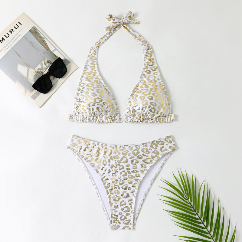 Ženski dvodijelni bikini s leopard uzorkom, leđa bez naramenica, poliester brzo suši, čelična potpora, bez jastučića, 130 g/m²
