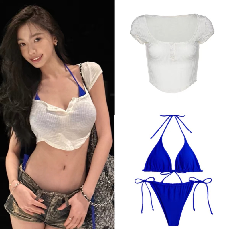Yi Mengling inspiriran retro plavi dvodijelni bikini s pokrivačem, vitak i seksi za plažu