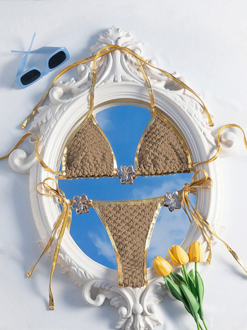 Γυναικείο μπικίνι με κορδόνια και μεταλλικά στοιχεία – σεξι σχέδιο με ανοιχτή πλάτη, πολυεστερικό ύφασμα με επένδυση σπανξ, 176 g, επένδυση για το στήθος, χωρίς μεταλλική στήριξη