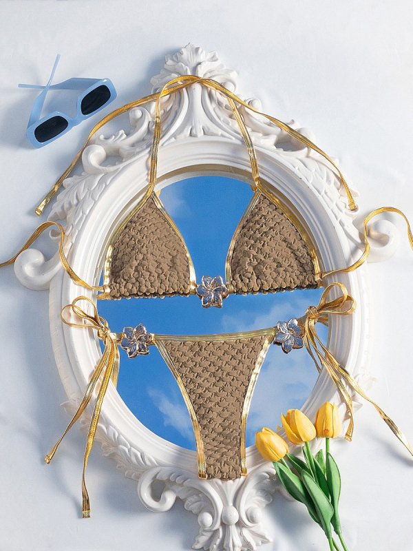 Γυναικείο μπικίνι με κορδόνια και μεταλλικά στοιχεία – σεξι σχέδιο με ανοιχτή πλάτη, πολυεστερικό ύφασμα με επένδυση σπανξ, 176 g, επένδυση για το στήθος, χωρίς μεταλλική στήριξη