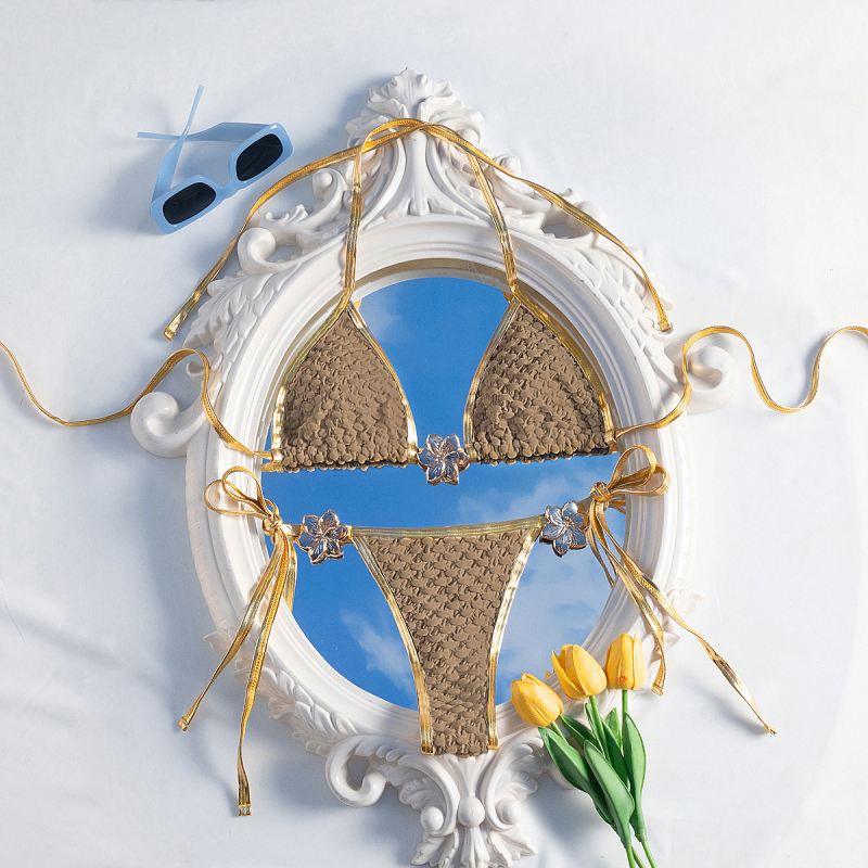 Γυναικείο μπικίνι με κορδόνια και μεταλλικά στοιχεία – σεξι σχέδιο με ανοιχτή πλάτη, πολυεστερικό ύφασμα με επένδυση σπανξ, 176 g, επένδυση για το στήθος, χωρίς μεταλλική στήριξη