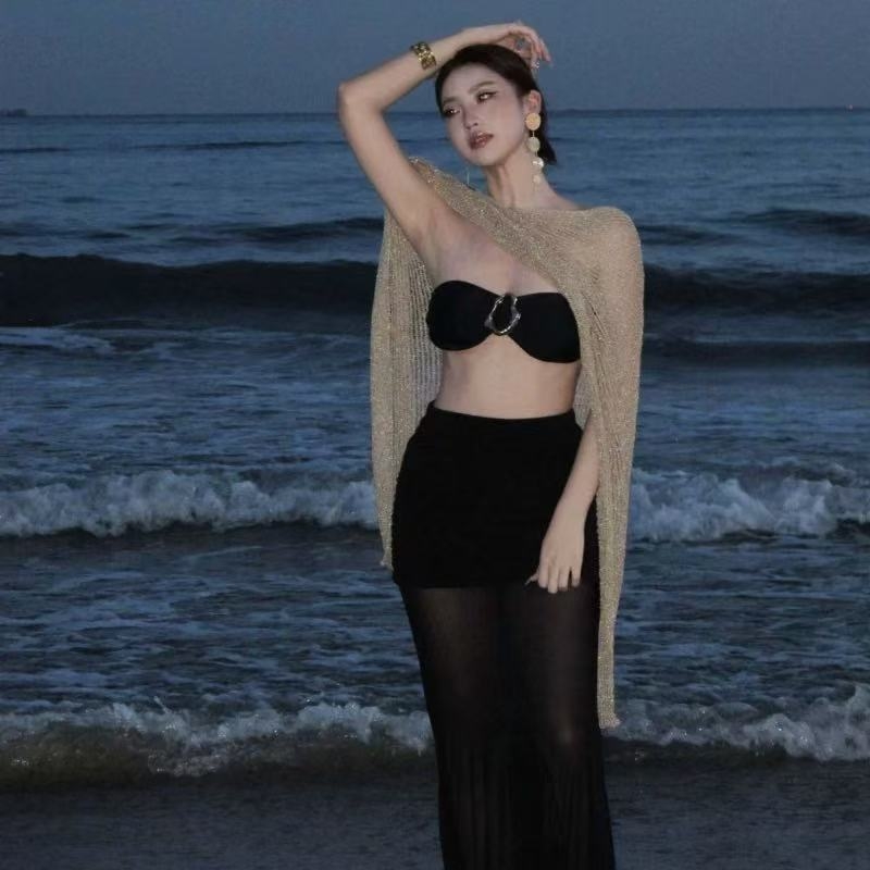 Zlatni pleteni top s izrezima, trodijelni bikini set s šalom za višestruko nošenje