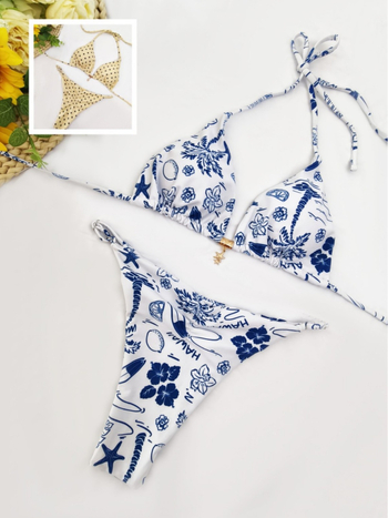 Bikini dvodijelni s kontrastnim točkicama, dizajn bez leđa, s umetkom za grudi, poliester tkanina s poliester podstavom, 150 g/m²