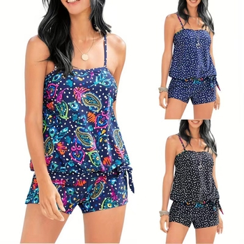 Tankini kupaći kostim za žene, prugasti uz visok struk, konzervativan dizajn; s jastučićima za dojke bez čelične potpore; poliester 85% uz podstavu 15% spandex; bez rukava; donji dio: bikini