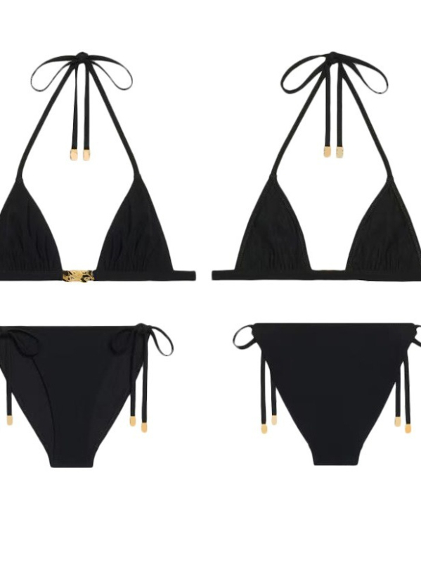 Bikini s podijeljenim trokutastim gornjim dijelom i prednjom kopčom L2303, podstavljene košarice, 80% najlon, bez naramenica, jednofarbni uzorak