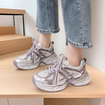 Дамски спортни обувки с мрежеста горна част и синтетична кожа, дишащи, връзки, 3–5 см ток