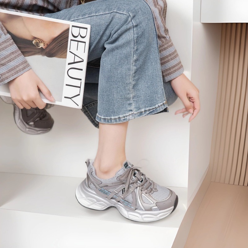 Дамски спортни обувки с мрежеста горна част и синтетична кожа, дишащи, връзки, 3–5 см ток