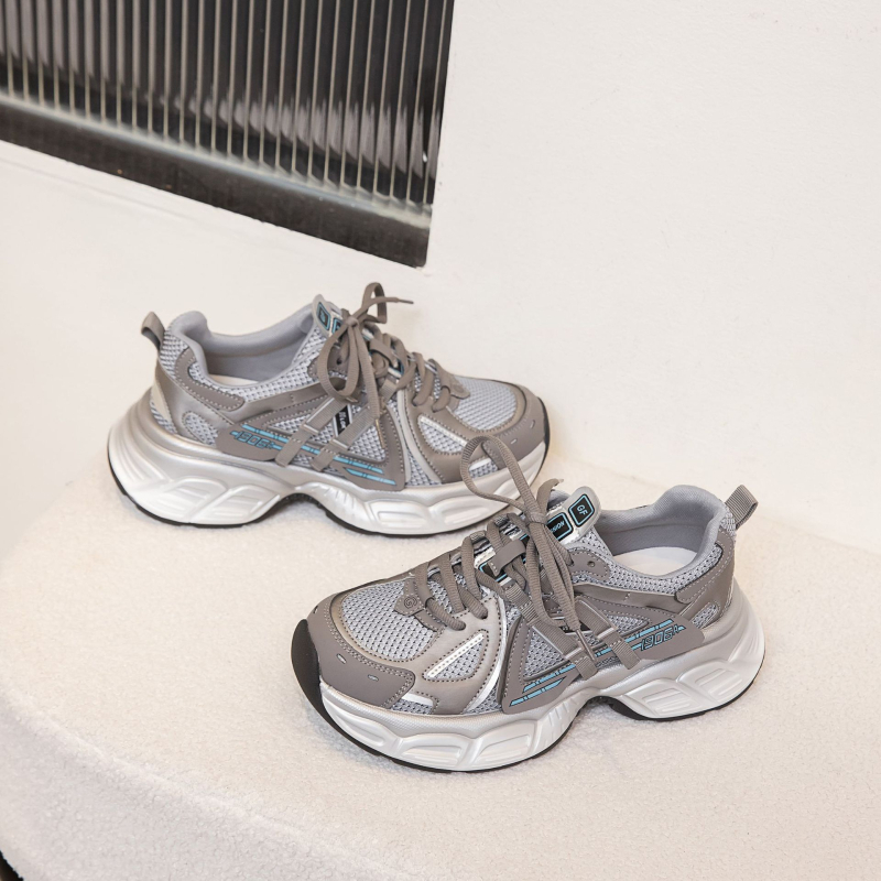 Дамски спортни обувки с мрежеста горна част и синтетична кожа, дишащи, връзки, 3–5 см ток