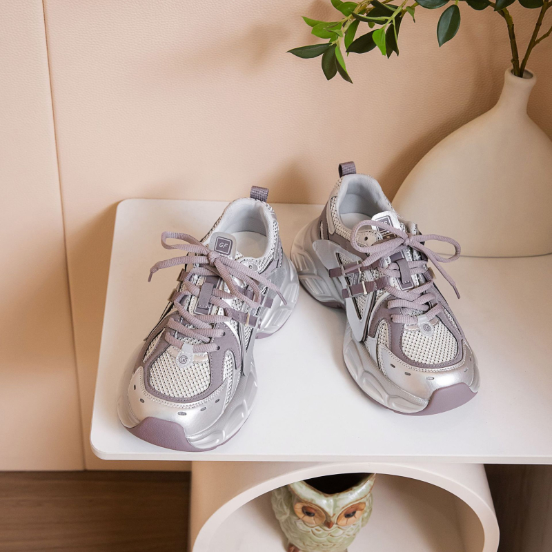 Дамски спортни обувки с мрежеста горна част и синтетична кожа, дишащи, връзки, 3–5 см ток