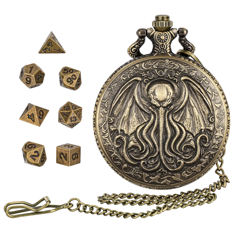 DND kocka kiegészítő óratok, cinkötvözet, polip-szárny medállal, kerek sarkú, testreszabható