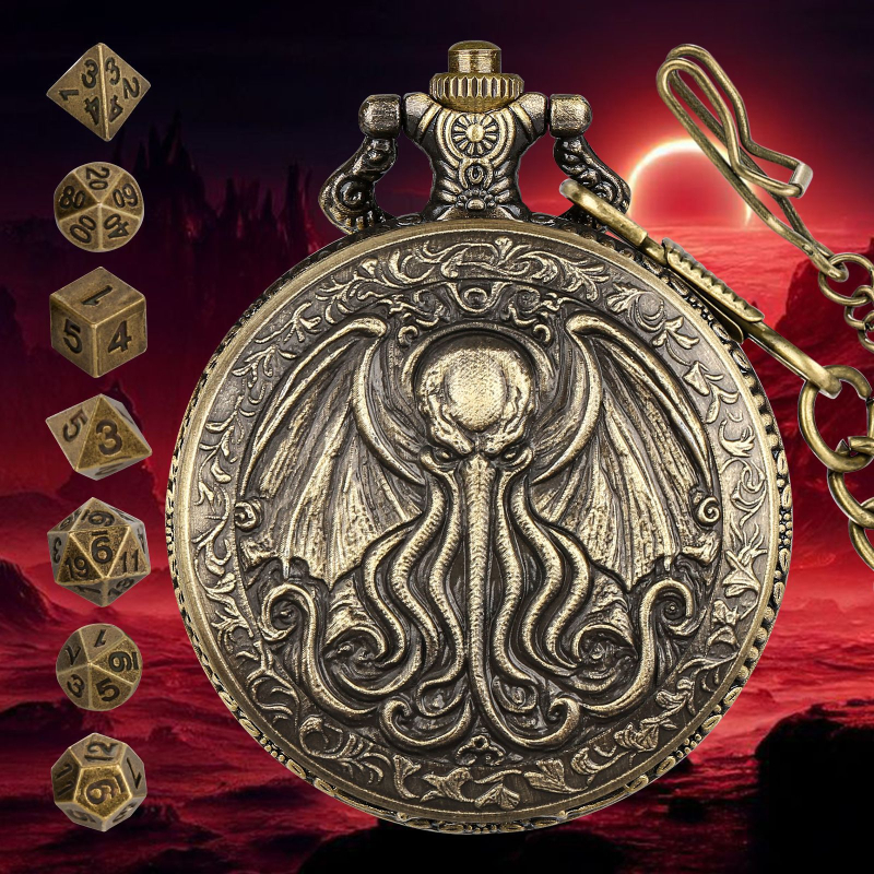 DND kocka kiegészítő óratok, cinkötvözet, polip-szárny medállal, kerek sarkú, testreszabható