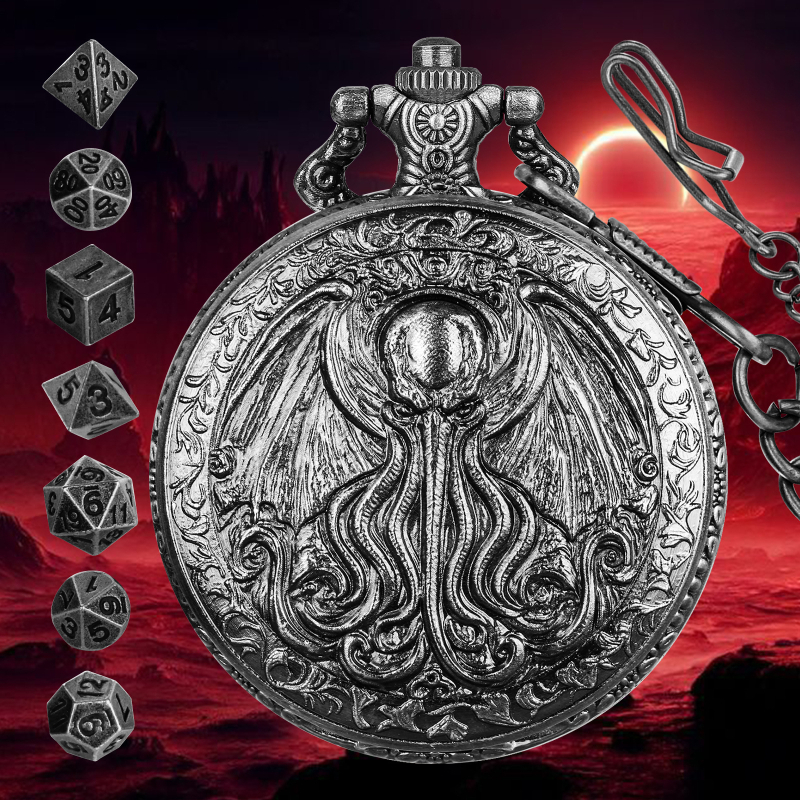 DND kocka kiegészítő óratok, cinkötvözet, polip-szárny medállal, kerek sarkú, testreszabható