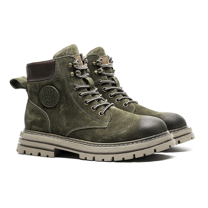 Μάρτιν μποτάκια με επάνω μέρος από σουέντ και δέρμα χοίρου, καουτσούκ σόλα, χοντρό τακούνι 3–5 cm, μεσαίου ύψους γάμπας