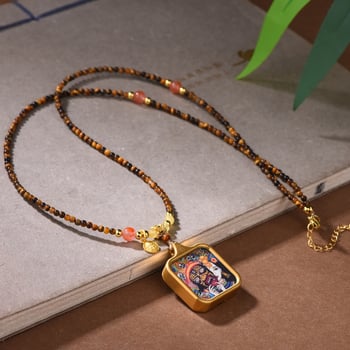 Colier ochi de tigru, lucrat manual, lanț cu bile, pandantiv din aliaj, stil chinezesc retro