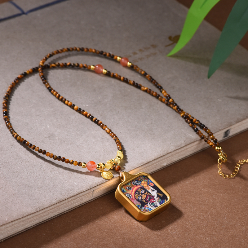 Colier ochi de tigru, lucrat manual, lanț cu bile, pandantiv din aliaj, stil chinezesc retro