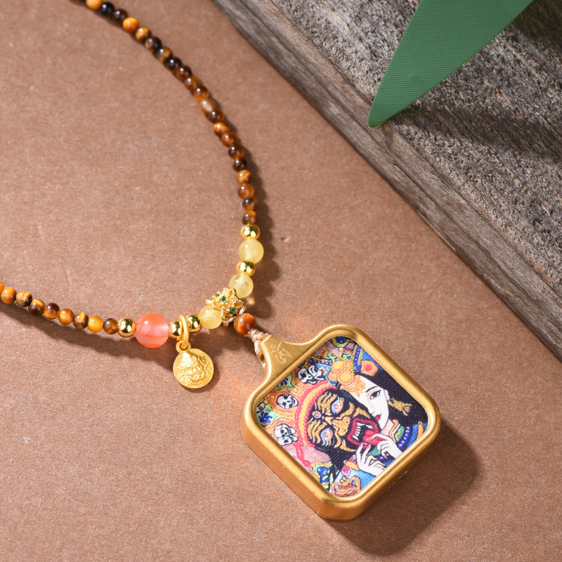 Colier ochi de tigru, lucrat manual, lanț cu bile, pandantiv din aliaj, stil chinezesc retro