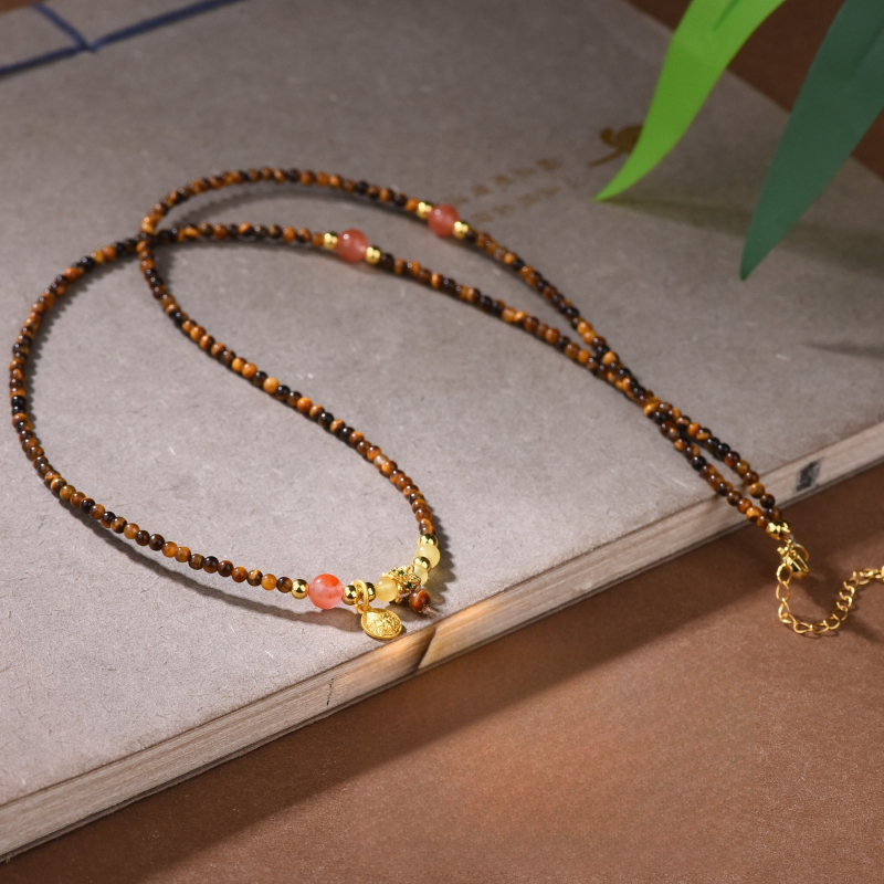 Colier ochi de tigru, lucrat manual, lanț cu bile, pandantiv din aliaj, stil chinezesc retro