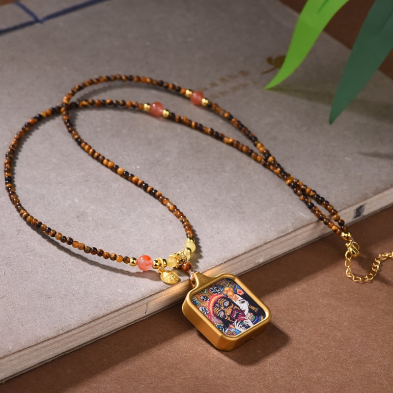 Colier ochi de tigru, lucrat manual, lanț cu bile, pandantiv din aliaj, stil chinezesc retro