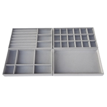 Set de patru piese pentru afișarea bijuteriilor, formă dreptunghiulară, stil Nordic, material de flanel, carcasa din lemn masiv