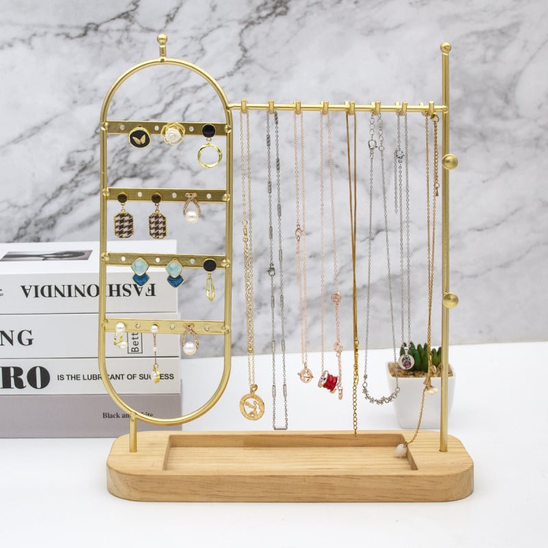 Ékszerkijelző állvány vas- és tömörfa anyagból - Többfunkciós rendező nyakláncok, fülbevalók, gyűrűk és karkötők számára, pastorális stílus, 426 g