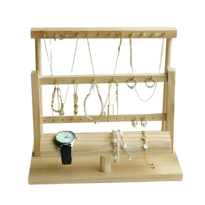 Egyrészes tömörfa ékszerkijelző állvány kampókkal, kétszintes trapéz alakú kialakítás, összekapcsolási technika, OLEVS márka