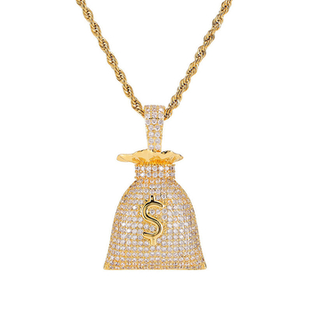 Colier hip-hop cu design de money bag și simbol dolar, zircon micro-incrustat, cupru, lanț răsucit, unisex