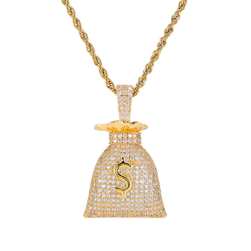 Colier hip-hop cu design de money bag și simbol dolar, zircon micro-incrustat, cupru, lanț răsucit, unisex