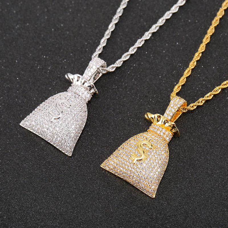 Colier hip-hop cu design de money bag și simbol dolar, zircon micro-incrustat, cupru, lanț răsucit, unisex