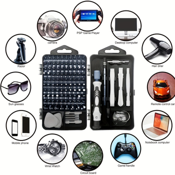Set de șurubelnițe 115-in-1 pentru demontaj ceasuri, calculatoare și telefoane mobile — vârfuri magnetice, oțel cu carbon, greutate 0,45