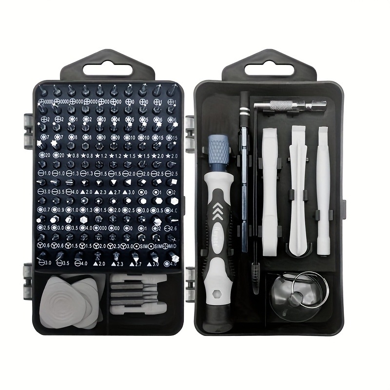 Set de șurubelnițe 115-in-1 pentru demontaj ceasuri, calculatoare și telefoane mobile — vârfuri magnetice, oțel cu carbon, greutate 0,45