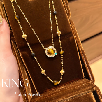 Geometrijska ogrlica od prirodnog kamena s tigrovim okom i opalom Cat's Eye detalji, pleteni lanac