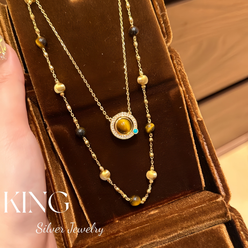 Geometrijska ogrlica od prirodnog kamena s tigrovim okom i opalom Cat's Eye detalji, pleteni lanac