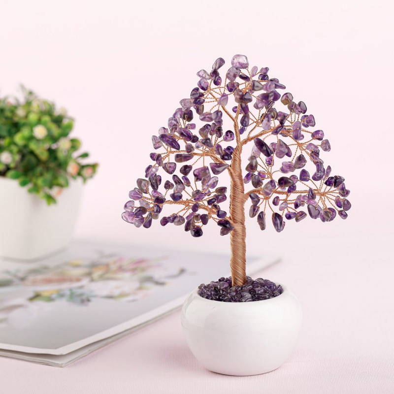 Mini fa dísz hét kővel, drótba tekeredő kavicsokkal, 22 ággal, kerámiás kerek talapzattal