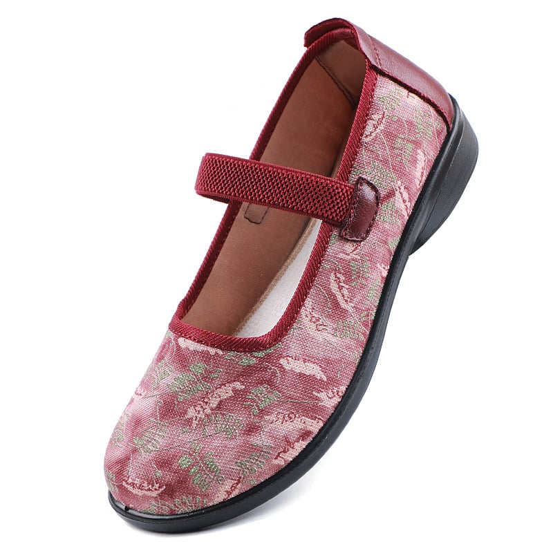 Sieviešu ikdienas auduma kurpes ar ziedu rakstu – elpojošas, vieglas, izturīgas; augšdaļa audums, zole poliuretāns, iekšējais audums kokvilna, sekla atvere, apaļš purns, plakana papēdis