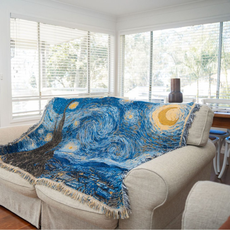 Гоблен за стена Ван Гог: Звездна нощ, декоративен плед, памук, 800–999 г, геометричен модел, модерен минимализъм, пролет и есен