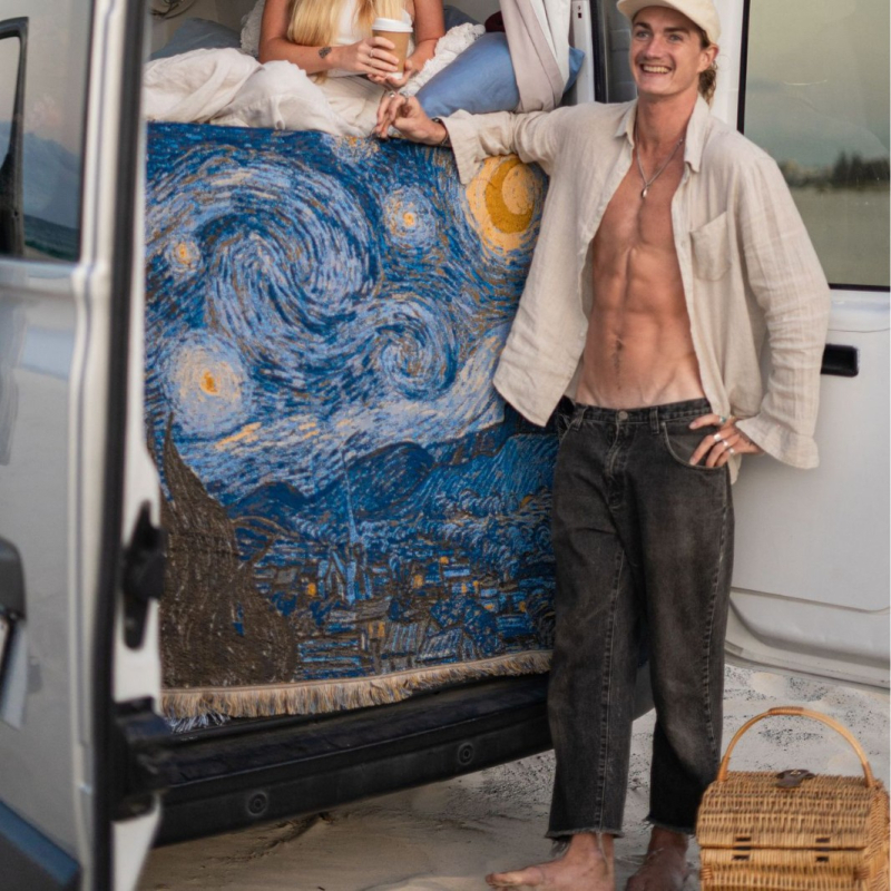 Гоблен за стена Ван Гог: Звездна нощ, декоративен плед, памук, 800–999 г, геометричен модел, модерен минимализъм, пролет и есен