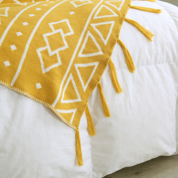 Βαμβακερή πλεκτή κουβέρτα με φούντες, γεωμετρικό σχέδιο, 1,41 kg, ελαφρύς πολυτελής στυλ, Τέσσερις Εποχές